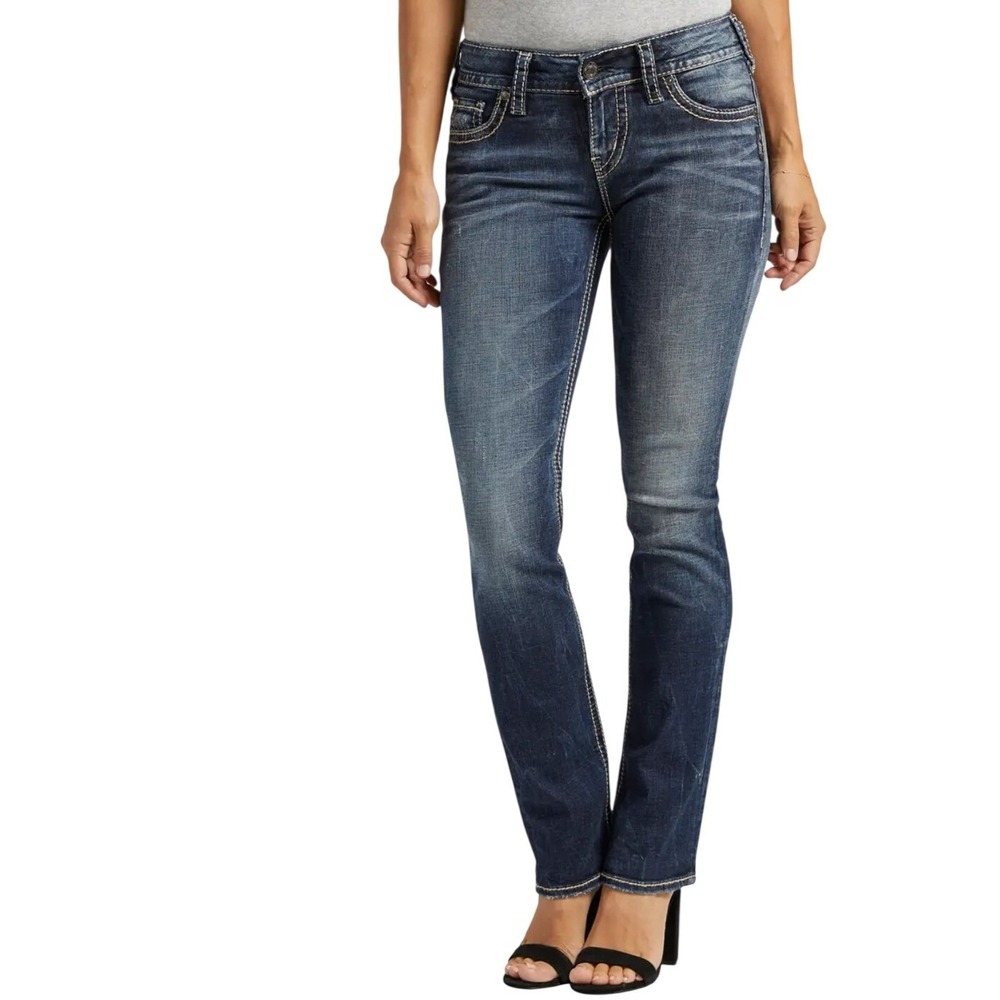 Silver Jeans Co Suki‎ Mid Slim Fluid Denim Dark Wash Whiskered Jeans 26x28